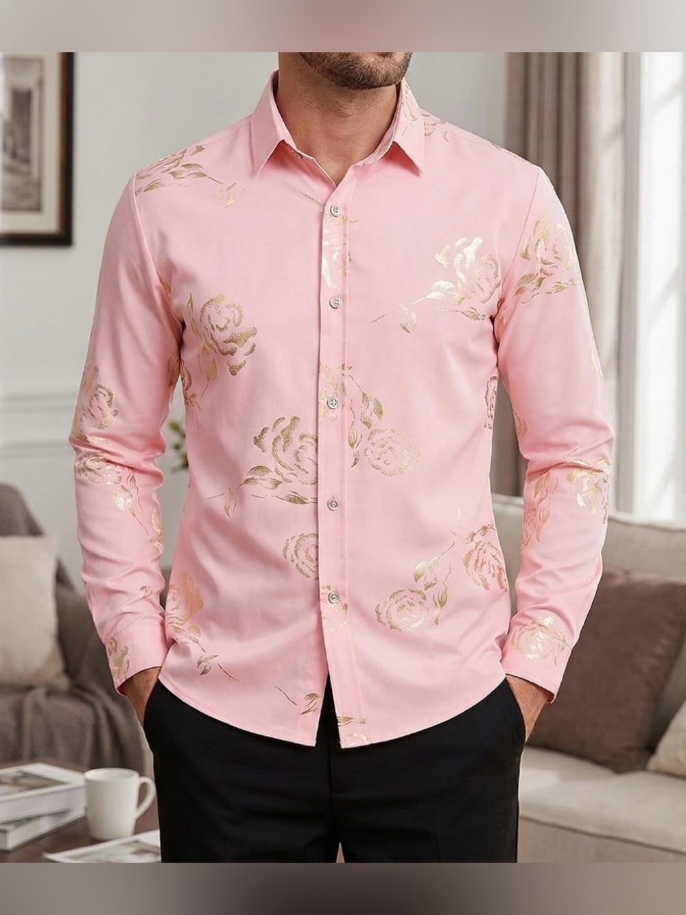 NEW ZEROYAA Mens Pink Floral Rose Gold Print Long Sleeve Button Down Shirt XL
